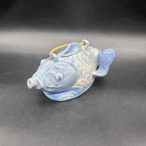 Vintage Koi Fish Teapot Blue White Ceramic Kitschy Kitchen Hand Painted Nautical